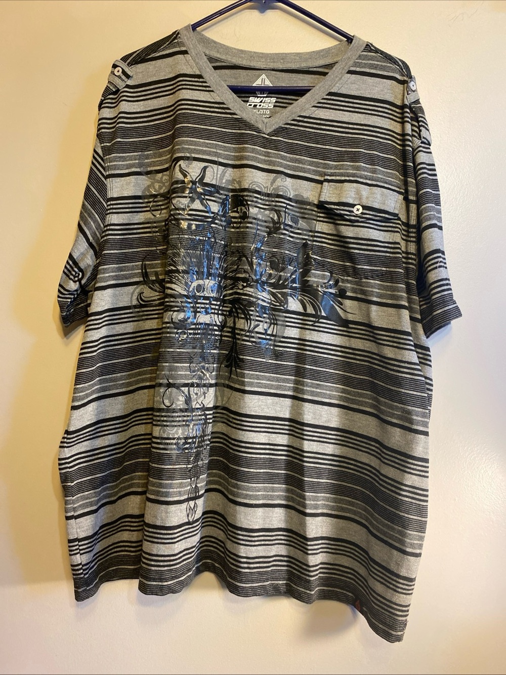Vintage Swiss‎ Cross Shirt Men’s 3XL Striped Graphic Y2K Grunge Tshirt